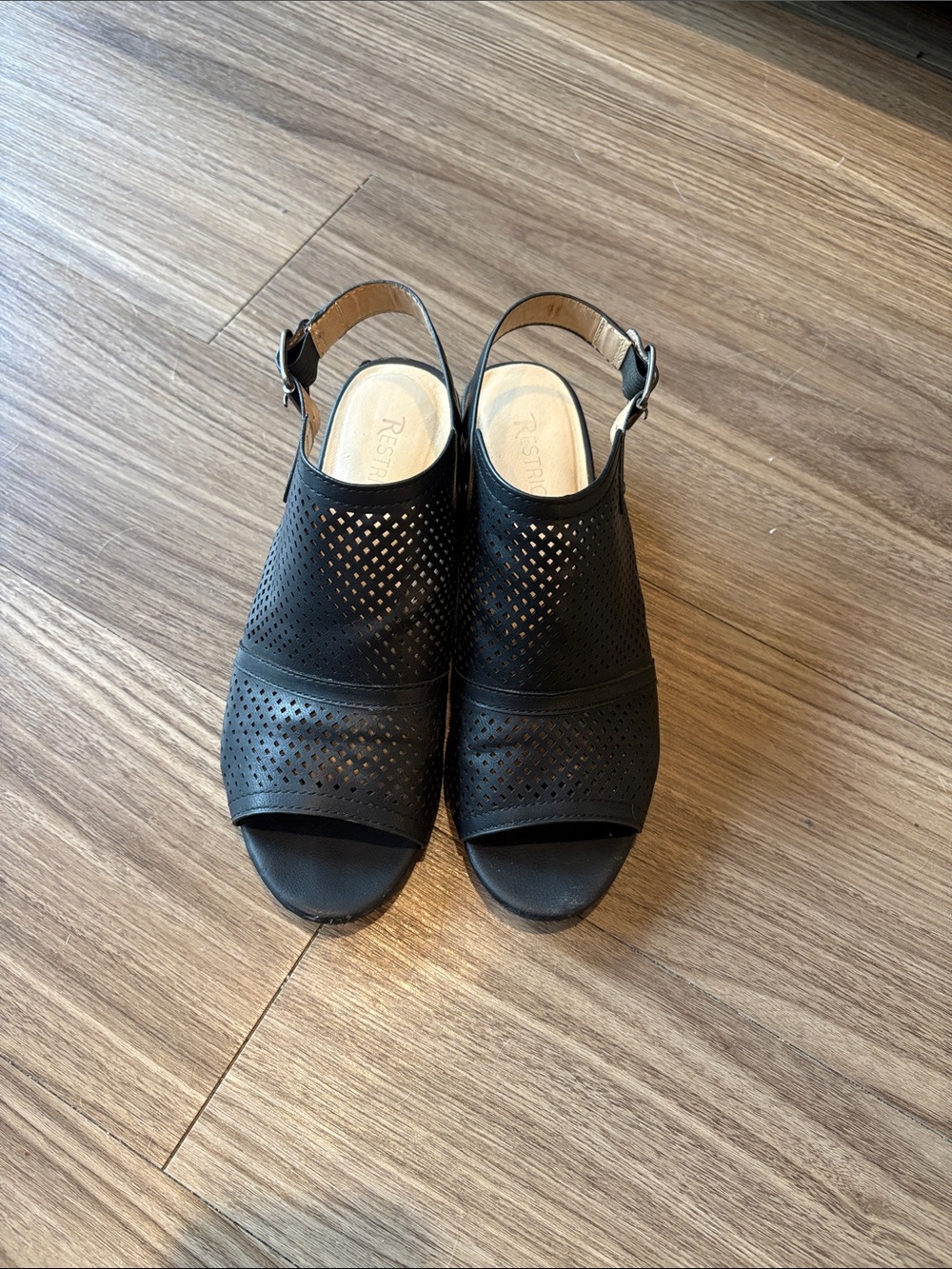 Restricted Black Perforated Slingback Peep-Toe Heels